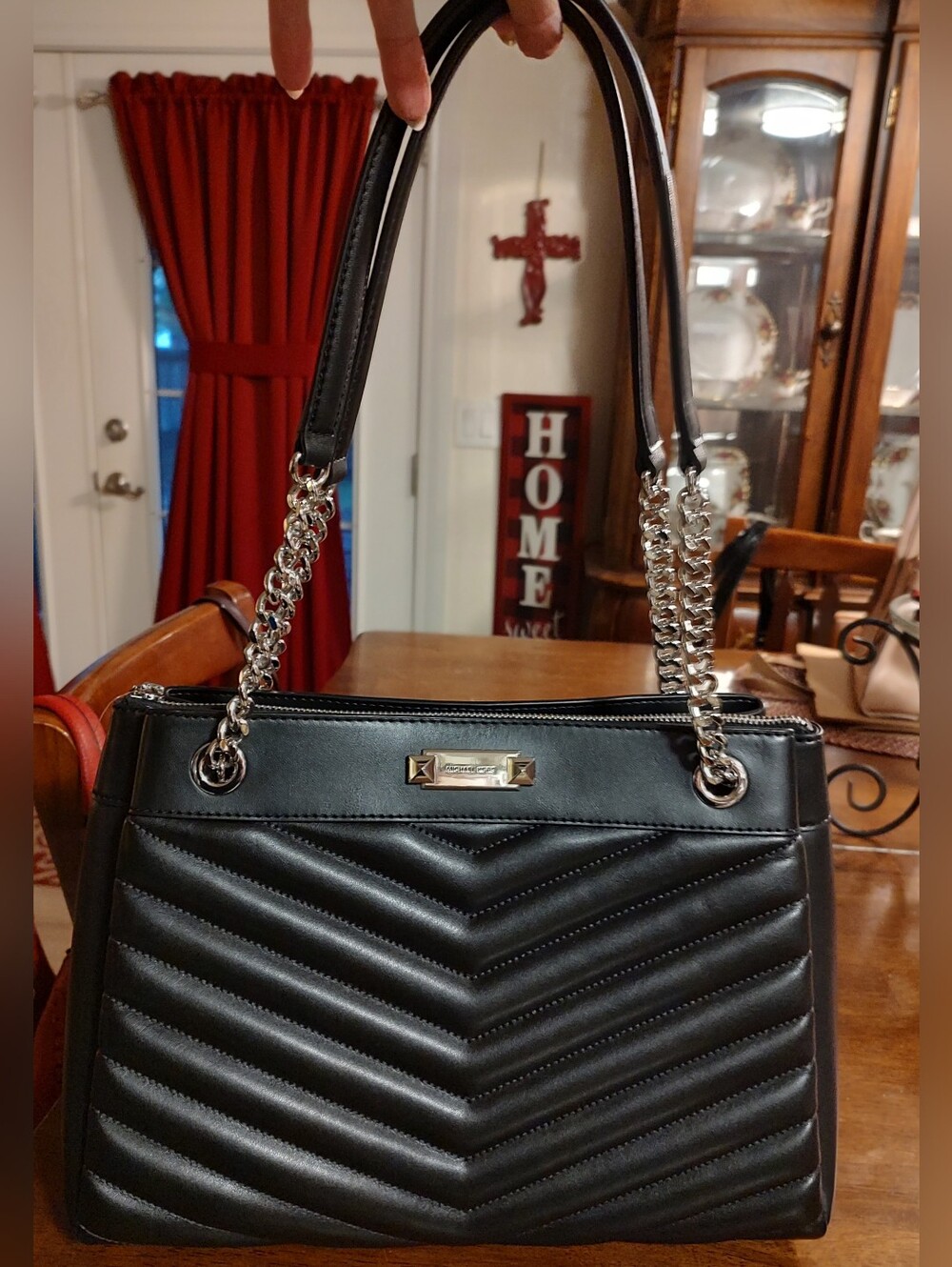 Michael Kors Black Chevron Quilted Shoulder Bag with Chain Straps